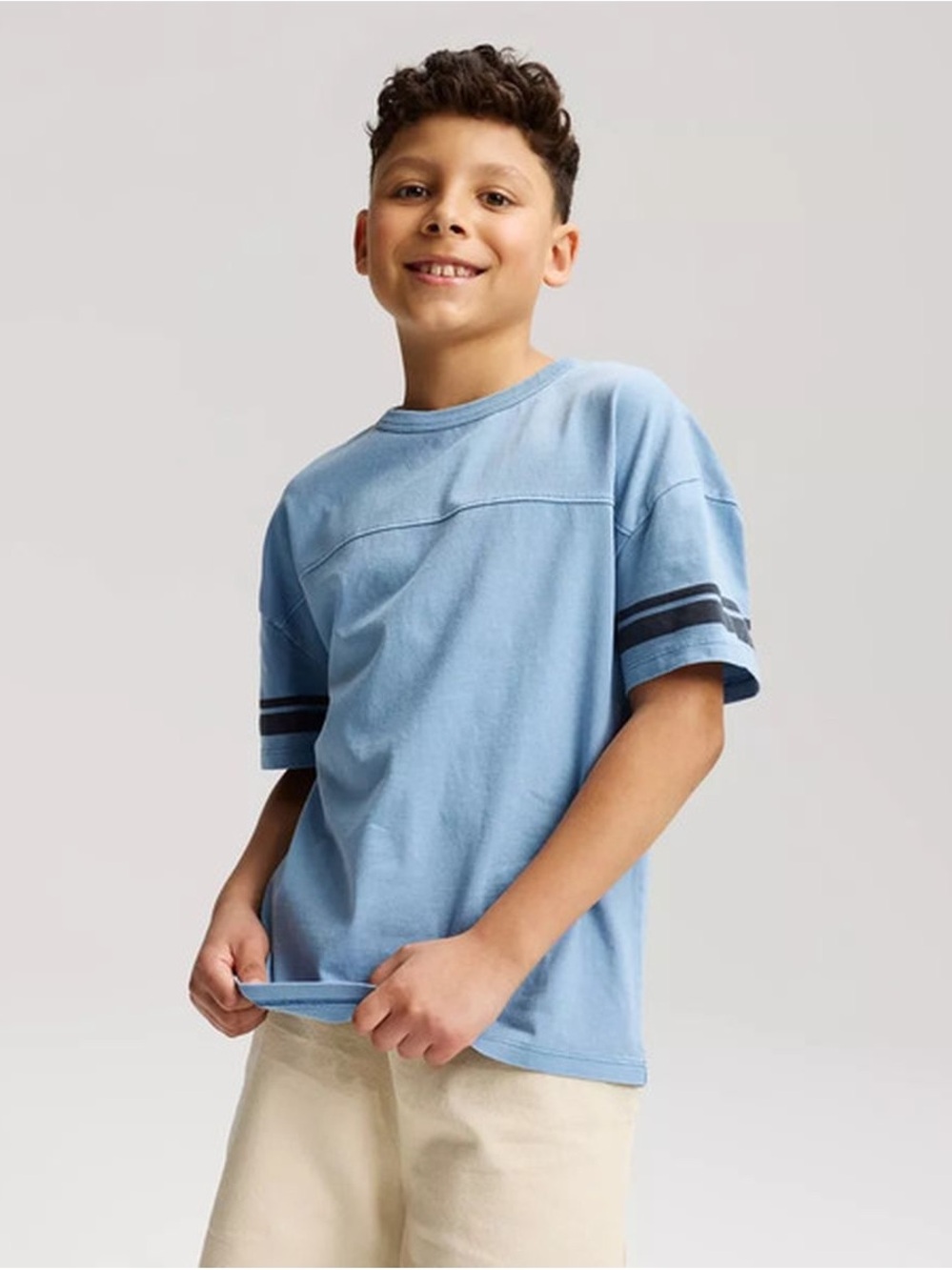 Cat & Jack Light Blue Short Sleeve Tee with Navy Stripe Sleeves - Picture 1 of 1